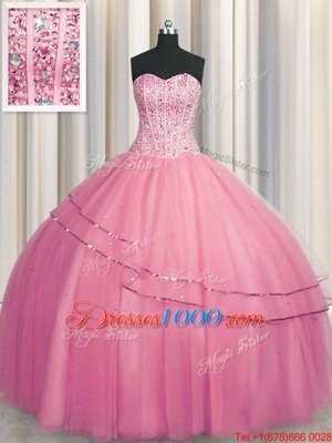 Fancy Visible Boning Big Puffy Rose Pink Sleeveless Floor Length Beading Lace Up Sweet 16 Quinceanera Dress