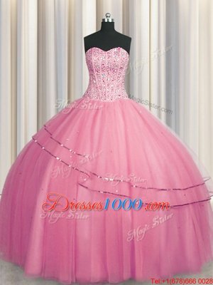 Fancy Visible Boning Big Puffy Rose Pink Sleeveless Floor Length Beading Lace Up Sweet 16 Quinceanera Dress