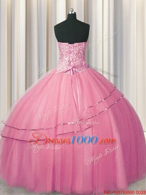 Fancy Visible Boning Big Puffy Rose Pink Sleeveless Floor Length Beading Lace Up Sweet 16 Quinceanera Dress