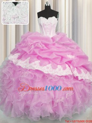 Stunning Sweetheart Sleeveless Organza Quinceanera Dress Beading and Appliques and Ruffles and Pick Ups Lace Up