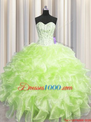 Visible Boning Yellow Green Organza Zipper Quinceanera Dress Sleeveless Floor Length Beading and Ruffles