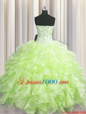 Visible Boning Yellow Green Organza Zipper Quinceanera Dress Sleeveless Floor Length Beading and Ruffles