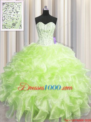 Visible Boning Yellow Green Organza Zipper Quinceanera Dress Sleeveless Floor Length Beading and Ruffles