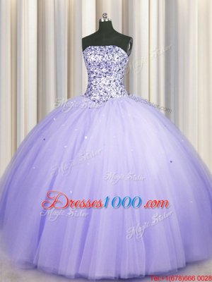Classical Puffy Skirt Lavender Ball Gowns Strapless Sleeveless Tulle Floor Length Lace Up Beading and Sequins Vestidos de Quinceanera