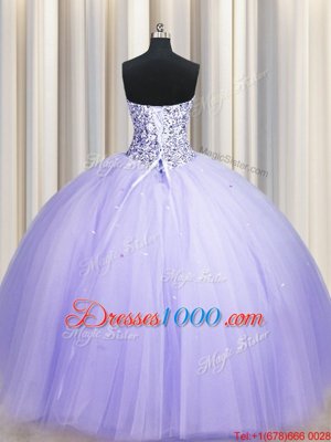 Classical Puffy Skirt Lavender Ball Gowns Strapless Sleeveless Tulle Floor Length Lace Up Beading and Sequins Vestidos de Quinceanera