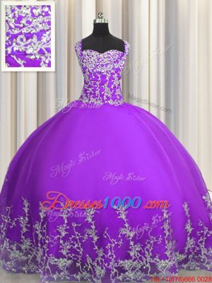 Popular Tulle Straps Sleeveless Lace Up Beading and Appliques 15th Birthday Dress in Eggplant Purple