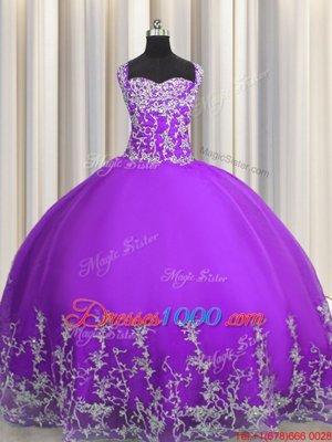 Popular Tulle Straps Sleeveless Lace Up Beading and Appliques 15th Birthday Dress in Eggplant Purple