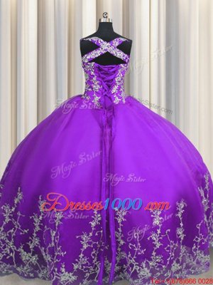 Popular Tulle Straps Sleeveless Lace Up Beading and Appliques 15th Birthday Dress in Eggplant Purple