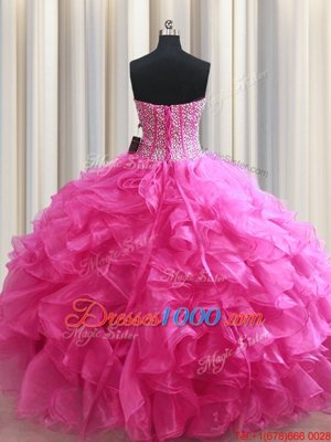Vintage Visible Boning Hot Pink Sleeveless Floor Length Beading and Ruffles Lace Up 15th Birthday Dress