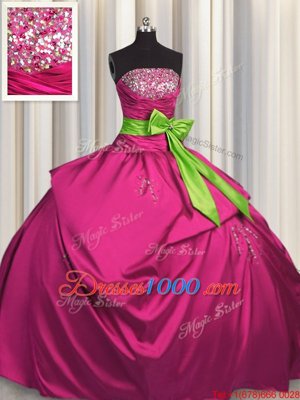 Excellent Fuchsia Strapless Lace Up Beading and Ruching and Bowknot Quince Ball Gowns Sleeveless