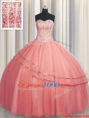 Pretty Visible Boning Puffy Skirt Watermelon Red Lace Up Sweetheart Beading Quinceanera Gown Tulle Sleeveless
