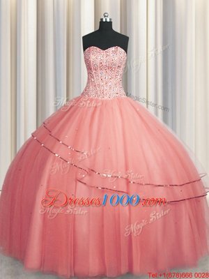 Pretty Visible Boning Puffy Skirt Watermelon Red Lace Up Sweetheart Beading Quinceanera Gown Tulle Sleeveless