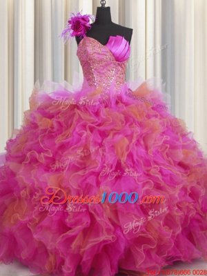 Fitting One Shoulder Handcrafted Flower Multi-color Tulle Lace Up 15 Quinceanera Dress Sleeveless Floor Length Beading and Ruffles and Hand Made Flower