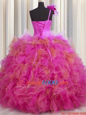 Fitting One Shoulder Handcrafted Flower Multi-color Tulle Lace Up 15 Quinceanera Dress Sleeveless Floor Length Beading and Ruffles and Hand Made Flower