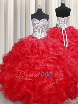 Elegant Sweetheart Sleeveless Lace Up Sweet 16 Dress Red Organza