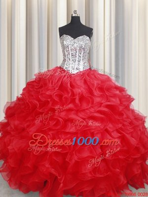 Elegant Sweetheart Sleeveless Lace Up Sweet 16 Dress Red Organza