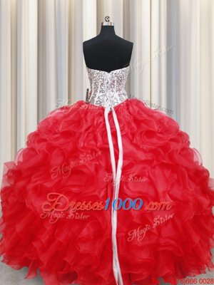 Elegant Sweetheart Sleeveless Lace Up Sweet 16 Dress Red Organza