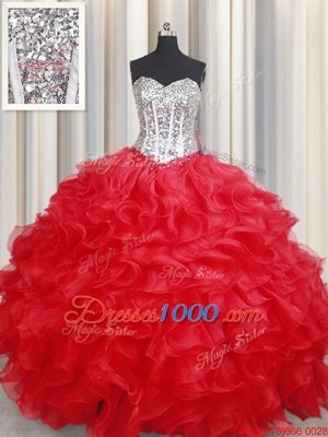 Elegant Sweetheart Sleeveless Lace Up Sweet 16 Dress Red Organza
