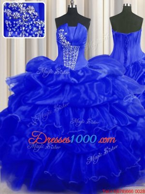 Top Selling Sleeveless Floor Length Beading and Ruffles and Pick Ups Lace Up 15 Quinceanera Dress with Royal Blue
