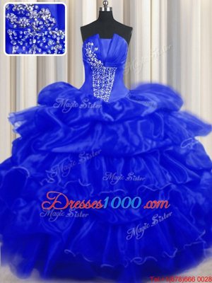 Top Selling Sleeveless Floor Length Beading and Ruffles and Pick Ups Lace Up 15 Quinceanera Dress with Royal Blue