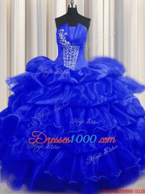 Top Selling Sleeveless Floor Length Beading and Ruffles and Pick Ups Lace Up 15 Quinceanera Dress with Royal Blue