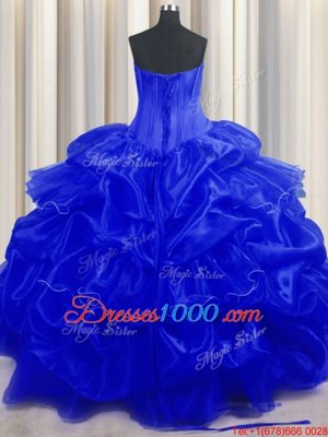 Top Selling Sleeveless Floor Length Beading and Ruffles and Pick Ups Lace Up 15 Quinceanera Dress with Royal Blue