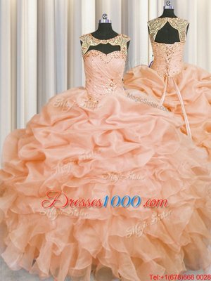 Fabulous Scoop Pick Ups Floor Length Ball Gowns Sleeveless Peach Quinceanera Dress Lace Up