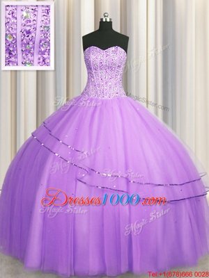 Visible Boning Puffy Skirt Tulle Sweetheart Sleeveless Lace Up Beading Quinceanera Gown in Lilac