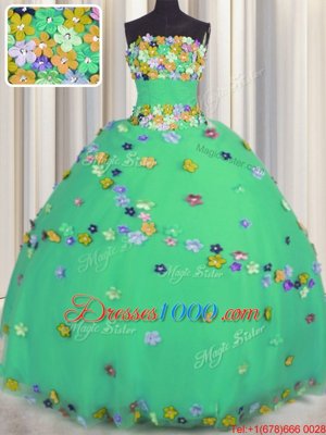 Tulle Strapless Sleeveless Lace Up Hand Made Flower Quinceanera Gown in Turquoise