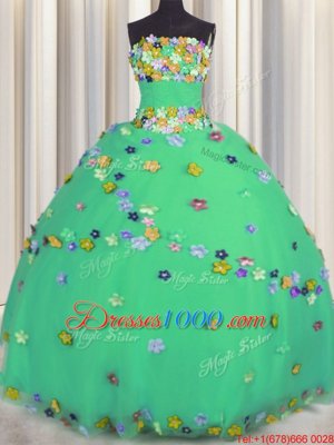 Tulle Strapless Sleeveless Lace Up Hand Made Flower Quinceanera Gown in Turquoise