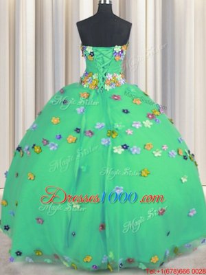 Tulle Strapless Sleeveless Lace Up Hand Made Flower Quinceanera Gown in Turquoise