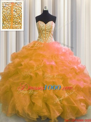 Custom Designed Visible Boning Orange Ball Gowns Beading and Ruffles Sweet 16 Dresses Lace Up Organza Sleeveless Floor Length