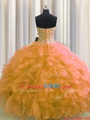 Custom Designed Visible Boning Orange Ball Gowns Beading and Ruffles Sweet 16 Dresses Lace Up Organza Sleeveless Floor Length