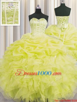 Latest Visible Boning Beading and Ruffles and Pick Ups Quinceanera Gowns Yellow Lace Up Sleeveless Floor Length