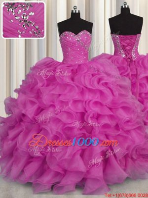 Romantic Fuchsia Ball Gowns Organza Sweetheart Sleeveless Beading and Ruffles Floor Length Lace Up Quinceanera Gowns