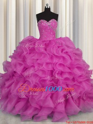 Romantic Fuchsia Ball Gowns Organza Sweetheart Sleeveless Beading and Ruffles Floor Length Lace Up Quinceanera Gowns