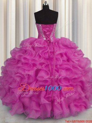 Romantic Fuchsia Ball Gowns Organza Sweetheart Sleeveless Beading and Ruffles Floor Length Lace Up Quinceanera Gowns