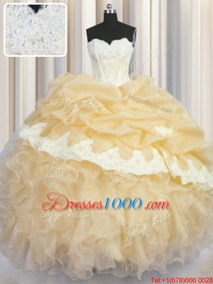 High Quality Organza Sleeveless Floor Length Quinceanera Gowns and Beading and Appliques and Ruffles and Pick Ups