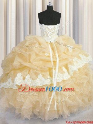 High Quality Organza Sleeveless Floor Length Quinceanera Gowns and Beading and Appliques and Ruffles and Pick Ups