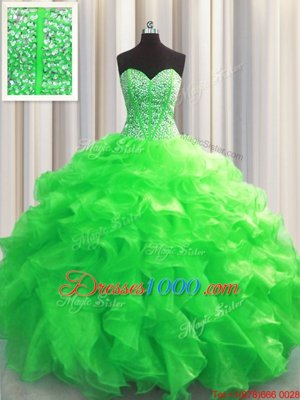 Visible Boning Green Organza Lace Up Sweetheart Sleeveless Floor Length Quinceanera Gowns Beading and Ruffles