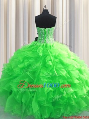Visible Boning Green Organza Lace Up Sweetheart Sleeveless Floor Length Quinceanera Gowns Beading and Ruffles