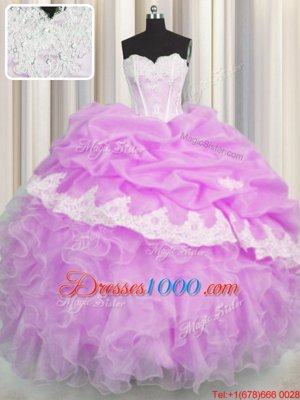 Customized Lilac Ball Gowns Sweetheart Sleeveless Organza Floor Length Lace Up Beading and Appliques and Ruffles and Pick Ups Quince Ball Gowns