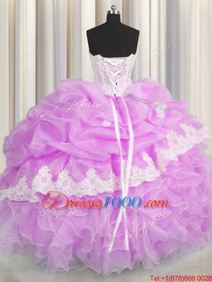 Customized Lilac Ball Gowns Sweetheart Sleeveless Organza Floor Length Lace Up Beading and Appliques and Ruffles and Pick Ups Quince Ball Gowns