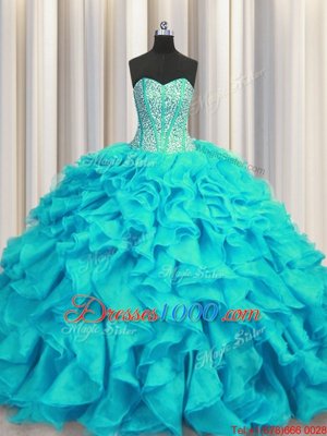 Visible Boning Sweetheart Sleeveless Quinceanera Gown Brush Train Beading and Ruffles Aqua Blue Organza