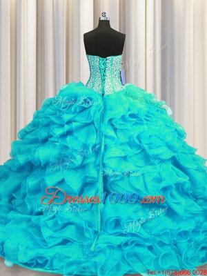 Visible Boning Sweetheart Sleeveless Quinceanera Gown Brush Train Beading and Ruffles Aqua Blue Organza