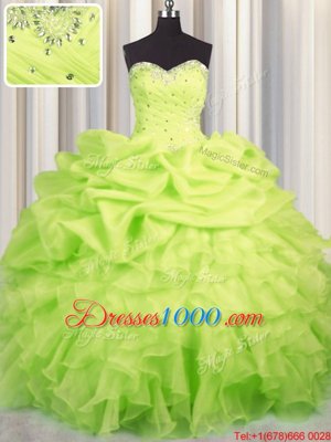 Deluxe Yellow Green Lace Up Sweetheart Beading and Ruffles and Ruching and Pick Ups Quinceanera Gown Organza Sleeveless