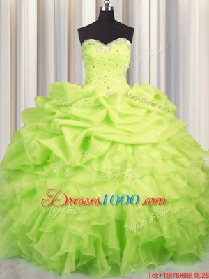Deluxe Yellow Green Lace Up Sweetheart Beading and Ruffles and Ruching and Pick Ups Quinceanera Gown Organza Sleeveless