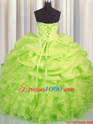 Deluxe Yellow Green Lace Up Sweetheart Beading and Ruffles and Ruching and Pick Ups Quinceanera Gown Organza Sleeveless