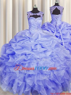 Unique Blue Scoop Lace Up Beading and Pick Ups Quinceanera Dresses Sleeveless
