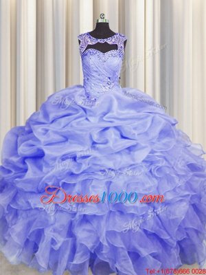 Unique Blue Scoop Lace Up Beading and Pick Ups Quinceanera Dresses Sleeveless